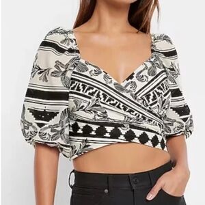 Express Printed Faux Wrap Puff Sleeve Cropped Top